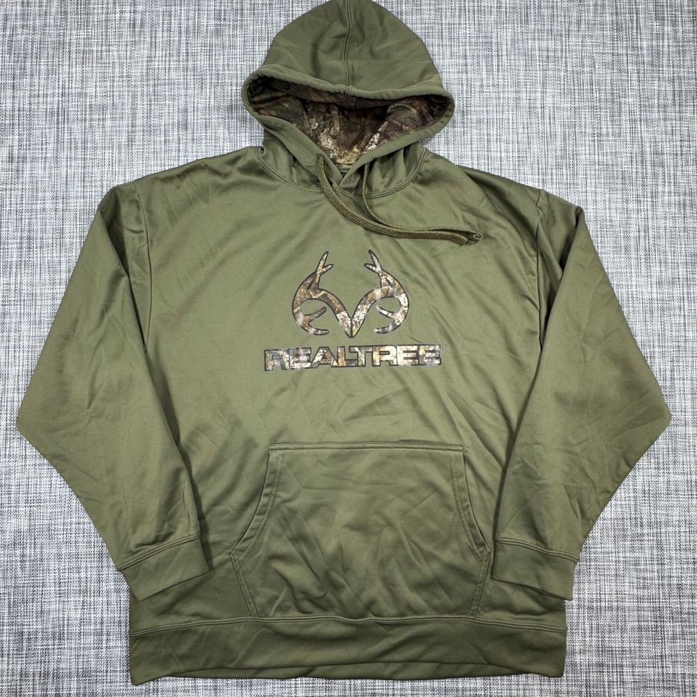 Realtree Mens Hoodie XL Staghorn Outfitters Green Camo Logo Pullover Sweatshirt